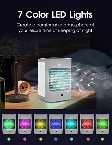 Преносен климатик на Birsppy, ладилник за испарување на воздухот со 3 брзини, ротација од 70 °, 7 LED светла, мали ладилникот за