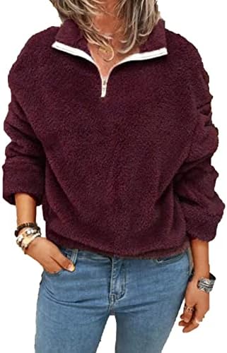 Womenените цврста боја v вратот патент од руно џемпер со долг ракав половина патент лапел нејасен пулвер обичен тенок блуза врв
