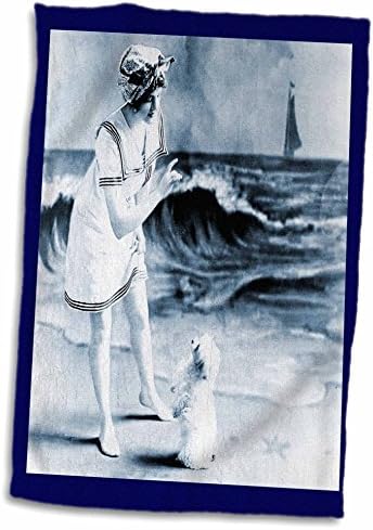 3drose Florene Vintage - морнарица сина сцена сцена со кученце - крпи