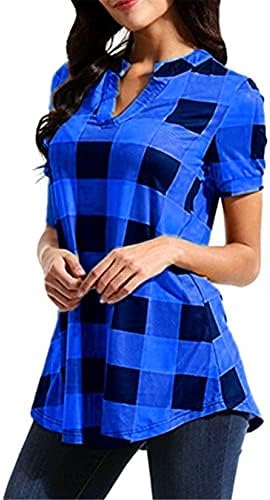 Andongnywell карирани кошули за жени V-вратот карирани обични врвови отпечатени маички со блузи со долги ракави