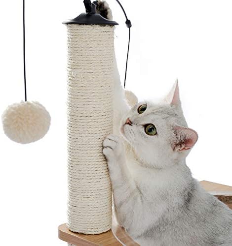 Мебел за мачки мачки дрво кула со мачка со сисали за гребење на пукнатини за платформа за кревети со мачки, кои висат топка. Про transparentирна перница капна топка.beige
