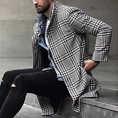 Палто за ровови за мажи, карирана единечна јака од јака од волна, волна палто, обичен туничен кардиганска јакна за надворешна облека