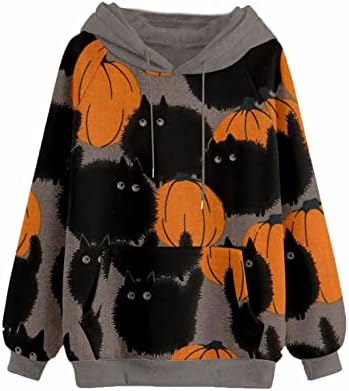 Дулкови за жени Ноќта на вештерките црна мачка тиква печати долги ракави маици влечејќи го обичниот пулвер врвот со џеб