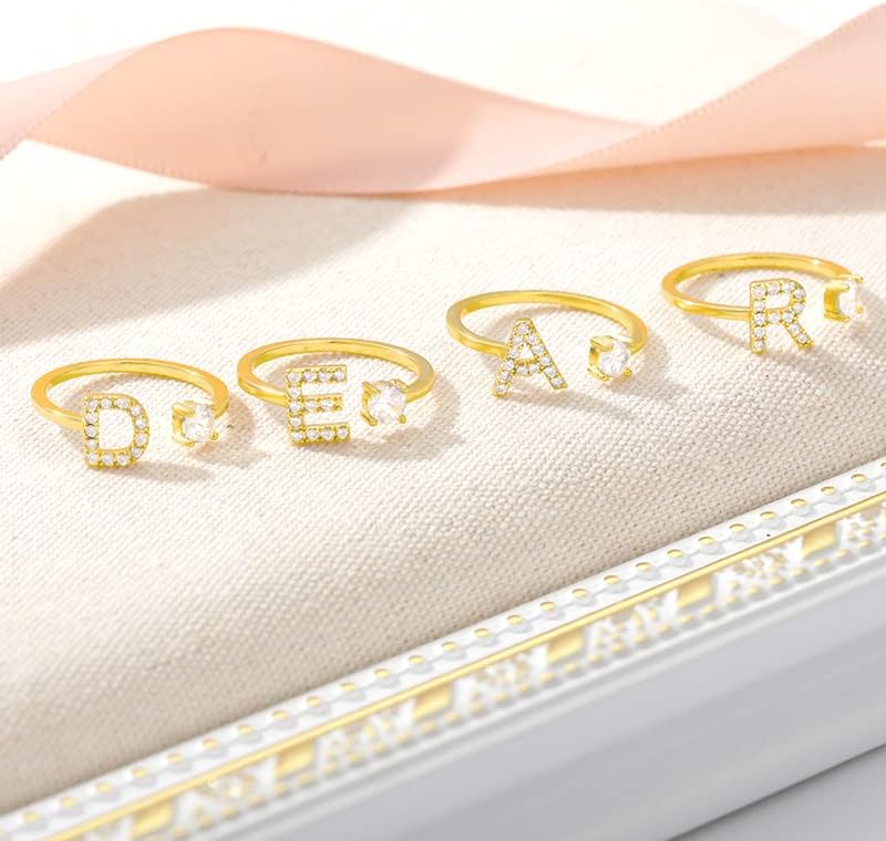 T3STORE Nitial A -Z 26 буква прстен за жени, парови, ангажман Свадба накит, прилагодлив цирконски прстен - златна боја - Расположен