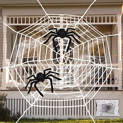 Декорации за Ноќта на вештерките Pawliss, 11,8 стапки гигантски тркалезен пајак веб со 2 пакувања од 30 инчи пајаци сет, украс на