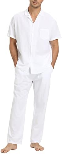 Облека за панталони со ленени кошули Rpovig: Машки постелнина поставува 2 парчиња кошули со кратки ракави јога панталони плажа