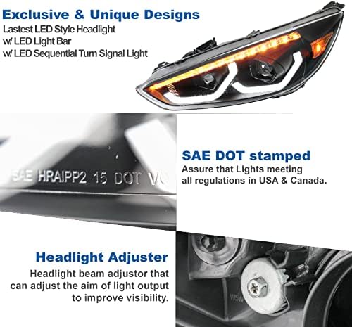 ZMAUTOPARTS LED Секвенцијални Проекторски Фарови Црна w/6.25 Бела DRL Компатибилна со 2015-2018 Ford Focus S/S/ST