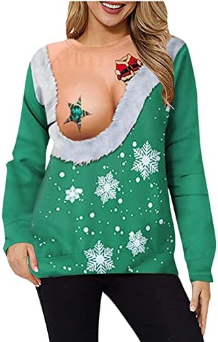 Christmasенски џемпер за џемпери Божиќни смешни 3Д печатени обични маици со долга ракав со долга рака на вратот на вратот на вратот на