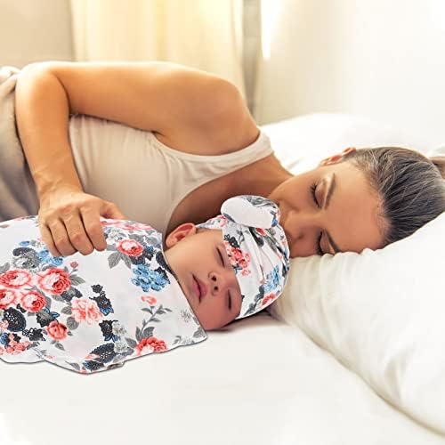 Kesyoo 1 пакет бебе swaddle ќебе со новороденче капа од памук цветни цвеќиња кои примаат ќебе обвивка лак за глава за момче девојче