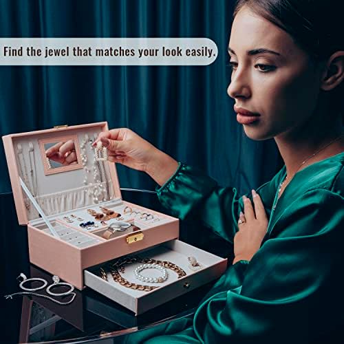 Кутија за накит во нуказа за жени со огледало, 2 -слојни патувања за накит за ѓердани, нараквици, организатор на прстени и обетки - Елегантен