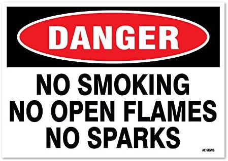 Опасност: Нема пушење без отворено пламен без искри, 7 високи x 10 широки, црни/црвени на бела, налепница за само лепило винил,