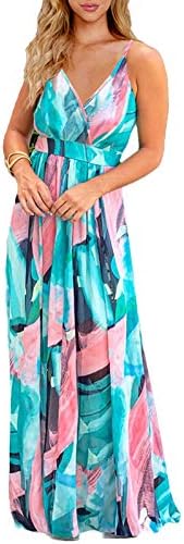 Женски случајни длабоки V вратот цветни боемски шпагети каиш плажа макси фустан