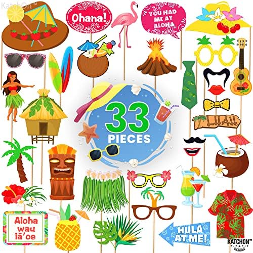 Katchon, Хавајски фото -штанд реквизити - 33 парчиња | Декорации за тропски забави, реквизити на штанд со фотографии во Луау