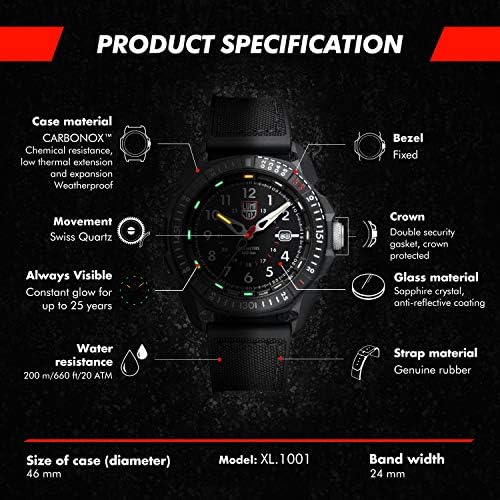 Luminox Ice -Sar Arctic XL.1001 Mens Watch 46mm - Воен часовник во црна функција за датум 200 милиони отпорни на вода стакло од сафир