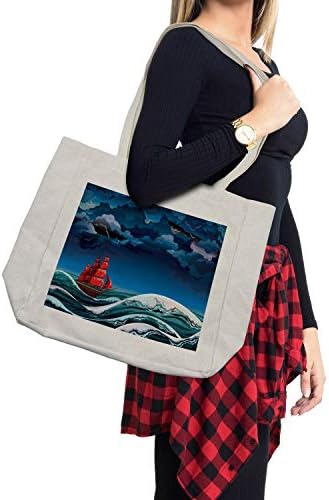 Амбесон, наутичка торба за купување, гроздобер брод што пловеше во бурно време во Dark Night Majestic Wave Print, еколошка торба за еднократно