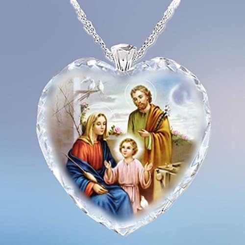 Qtmy Исус Божиќни украси, кристално свето семејство религиозно облик на срцево капнување на приврзок ѓердан