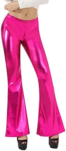 Сјајни женски сјајни метални панталони со високи половини затегнати bellвончиња од дното на нозете панталони женски постелнина, остатоци