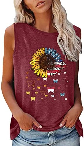 Xiloccer Симпатични кошули за жени жени летни ракави без ракави, резервоар за печатење на сончоглед на вратот, врвови на блуза со маици