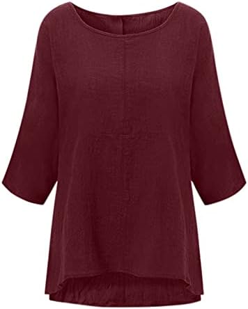 Beuu женски памучни постелнина цврсти кошули во боја 3/4 долги ракави пулвер, врвови на врвови, обични удобни тркалезни трендовски маици