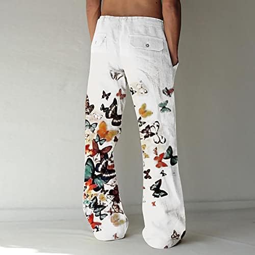 Машки обични памучни постелнини панталони за мажи кои влечат еластичен џеб на половината печатена плажа лабава јога панталони панталони
