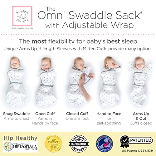 Swaddledesigns 6-насочен омни swaddle вреќа за новороденче со завиткувани и раце на ракави и манжетни манжетни, лесен транзиција, подобар