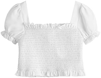 Милумија Девојка Разгорен Облик Трим Блуза Квадратни Вратот Издувам Краток Ракав Култура Блузи