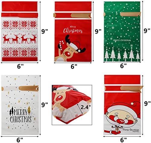DEAYOU 100 ПАРЧИЊА Божиќни Торби За Врвки, Торби За Подароци За Завиткување Дедо мраз во 4 Стилови, 6 l x 9 H Пластични Кеси За Божиќни Бонбони