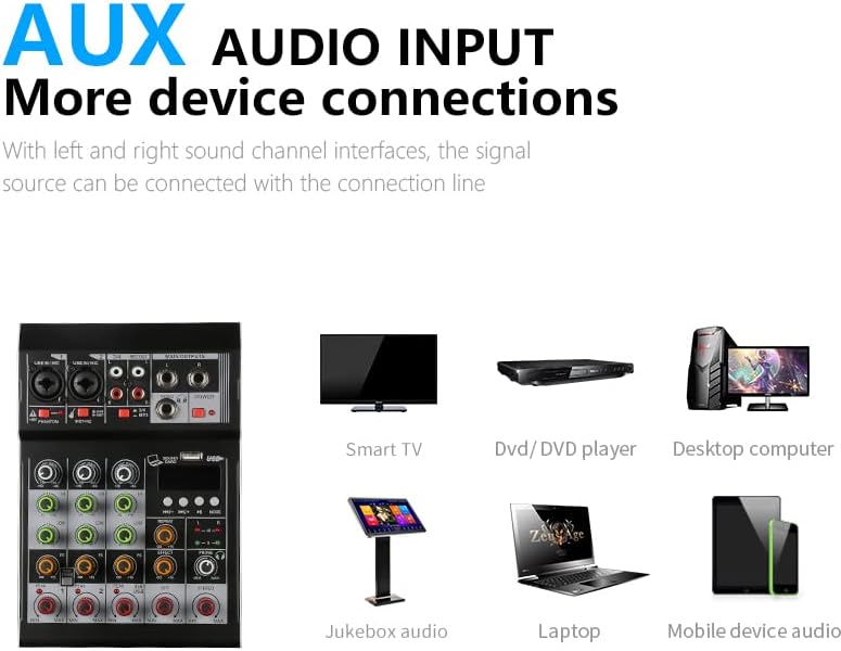 Aibedo Audio Mixer 4 Channel Mini Audio Mixer DJ Controller Mini Family KTV Karaoke Mixer USB/BT Effects Interface Mixer F4A