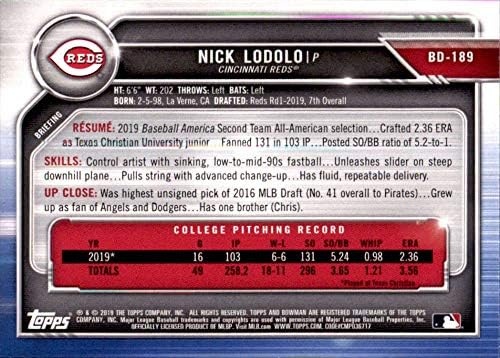 2019 Bowman Draft BD-189 Nick Lodolo RC Rackie Cincinnati Reds MLB Baseball Trading Card