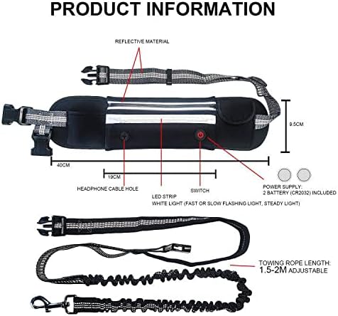 Нориер Раце Слободен Куче Поводник Со Патент Торбичка, LED Осветлување Појас На Половината, Двојна Рачка Еластична Bungees Јаже За