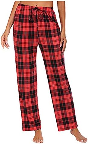 Панталони за пижами за жени со висока половината црна и црвена карирана салон за пижами, плус големина за влечење