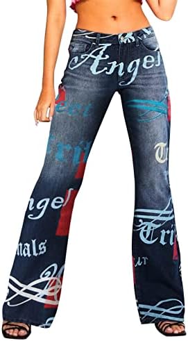 Женски лабави панталони Обични трендовски тексас фармерки со џебови Обични баги панталони со џеб фармерки печати тексас женски фармерки