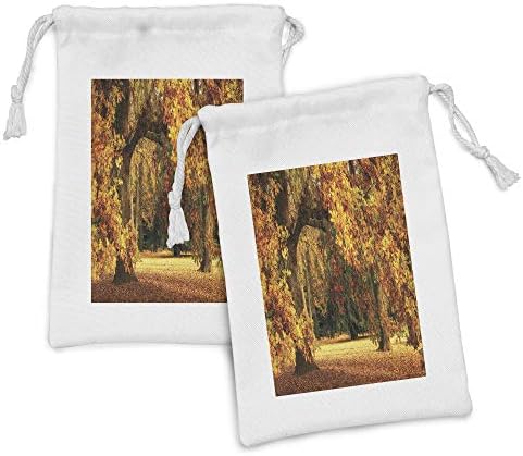 Лунарлива шумска ткаенина торбичка сет од 2, мирна есенска сезона во паркот со избледени есенски лисја пастирско шума, мала торба за влечење за маски и фаворити за т