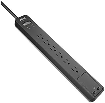 APC Power Strip Surge Protector со USB порти за полнење, PE6U2, 1080 Joules, рамен приклучок, 6 излезни и ленти за напојување со заштитени