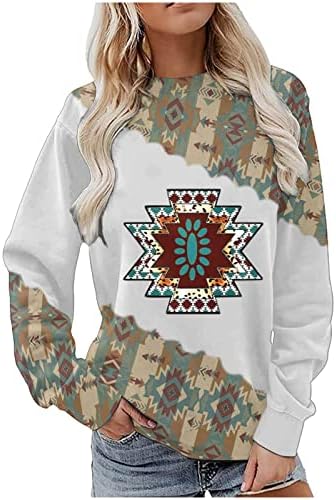 Гроздобер маички за жени Ацтеки Печати кошула со долги ракави кошули племенски геометриски џемпер ретро екипаж на пулвер блуза