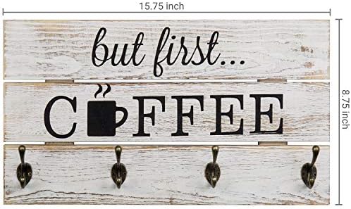 Мигифт Варосано Цврсто Дрво Држач За Шолја За Кафе Ѕидна Решетка, Украсен Декор За Кафе бар Со Знак Но Прво Кафе со 8 Куки