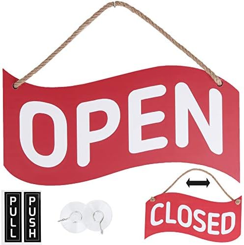 Отворен затворен знак за бизнис - пакет со 2 налепници за вшмукување, влечење и притискање - црвени/сини двострани отворени знаци