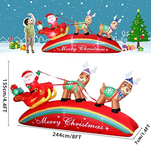 Декорација за Божиќни надувувања од 8 метри, Дедо Мраз на санки со две симпатични ирватори вградени LED светла, совршени за Божиќ, на отворено,