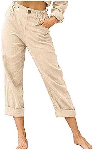 Panенски памучни постелнини панталони Обични еластични половини широки панталони за нозе Опуштете се вклопени летни џемпери со