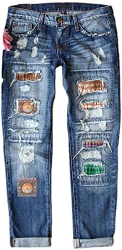 Мод мама женски панталони со тексас права нозе искинато печатено средно половината со големина на фармерки со големина тексас