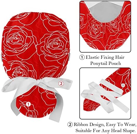 Медицински капаци на Lorvies за жени со копчиња долга коса, 2 парчиња прилагодливо работно капаче, шема на црвени рози