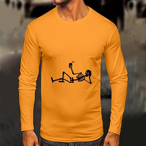 XXBR Менс Ноќта на вештерките на врвовите Смешно печатење на скелети со долги ракави маица тенок вклопат мускулни забави, обични маици со екипаж
