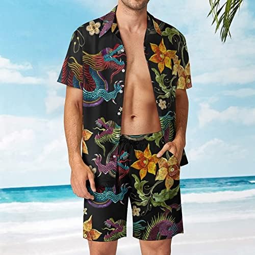 Драгони и нарцис цвеќиња Машки 2 парчиња облека на плажа Хавајски копче надолу со кошула со краток ракав и шорцеви костуми