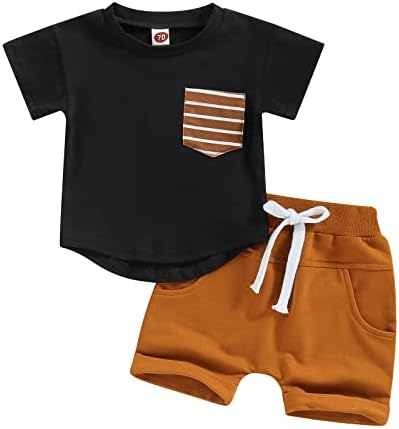 Облека за бебешки момчиња, постави кратки ракави на екипажот на вратот, маички врвови со еластични шорцеви од половината, симпатична летна облека