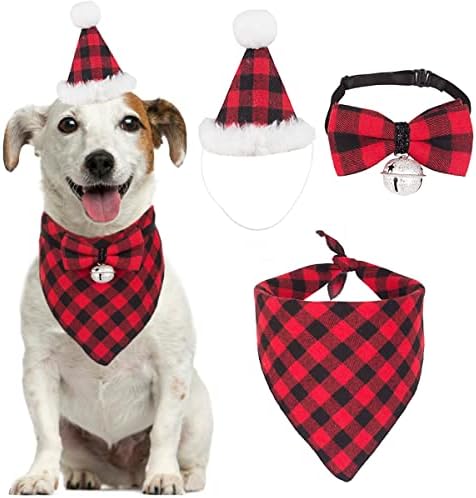 Куче Божиќна бандана облека со капа, лак, сет, миленичиња класична карирана шамија Триаголник, костуми на кученца, облека за кученца