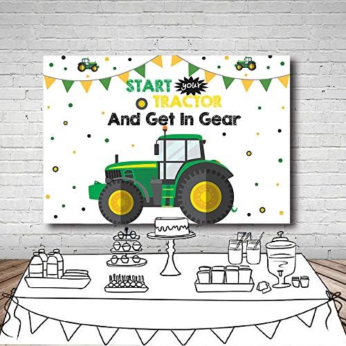 Mehofoto трактор роденденска забава Реквизити момче среќно 1 роденден Почеток Трактор и ставете го во Gear Photography Зелена позадина Фото банер за материјали за табели за то