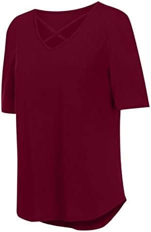 Девојки Топ 2023 Краток ракав Длабок V врат памук салон за завиткување од ширина на ногата обична подигање блуза маица за жени
