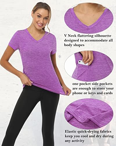 Chicho Women'sенски V врат тренинг маица со кратки ракави за влага за влага со џеб со џеб што работи со јога атлетска кошула