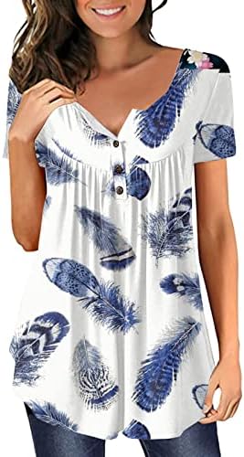Цветни печати туники жени лабава вклопена скриена маст масти маички лето лето -случајно копче за кратки ракави нагоре v вратот блузи плус големина мек удобна блуза
