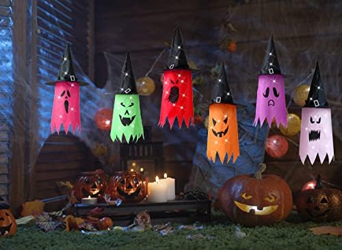 Декорации за Ноќта на вештерките на отворено, 6 парчиња висат осветлени блескави украси на духови, низа за вештерките за Ноќта на вештерките